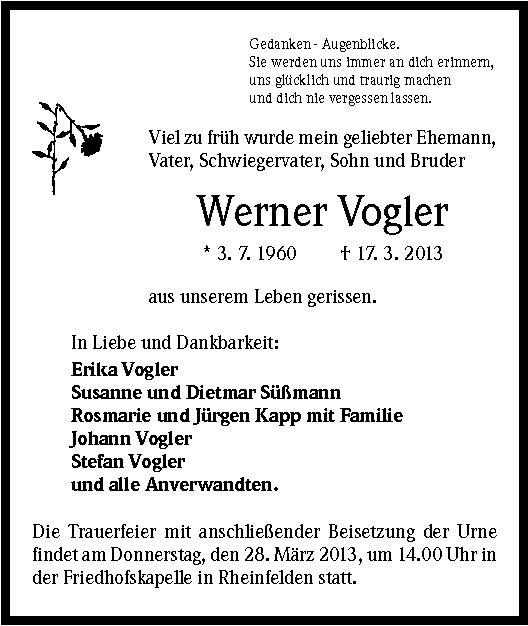 Werner Vogler Werner Vogler Trauer Traueranzeigen Nachrufe badischezeitungde