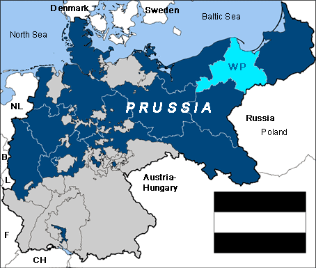 A map of Prussia; West Prussia (WP) in the eastern part of Prussia is highlighted in light blue.