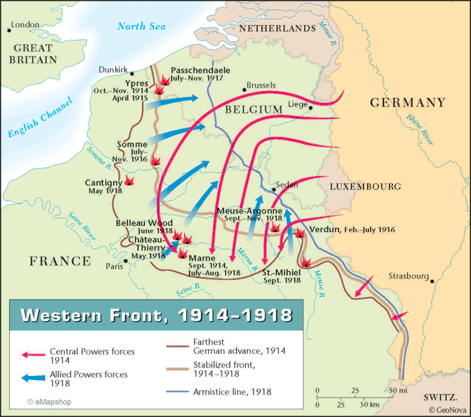 Western Front (World War I) Het Westelijk Front overzicht van de voornaamste veldslagen 1914