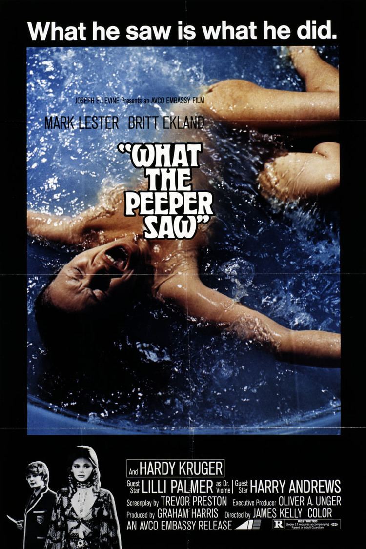 A naked woman drowning in the pool (on the upper part) with Mark Lester and Britt Ekland (on the lower left) in the movie poster of the 1971 horror film, What the Peeper Saw