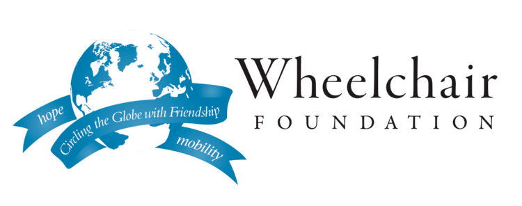 Logo of Wheelchair Foundation with a globe surrounding with a floating blue sash that says “hope circling the Globe with Friendship mobility” and a “Wheelchair Foundation” on the right side
