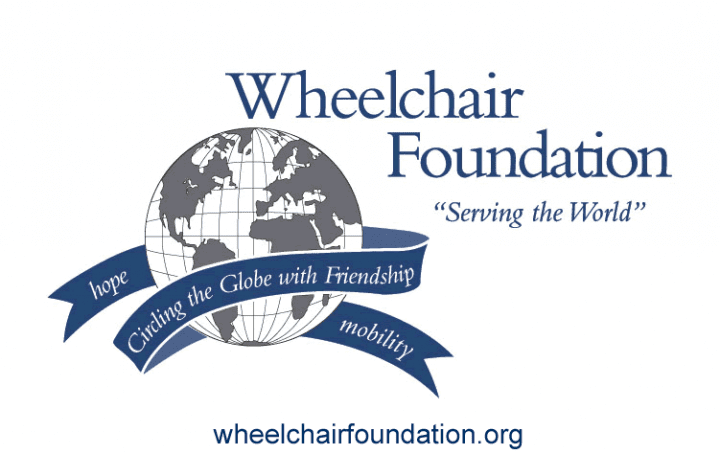 Logo of Wheelchair Foundation with a globe surrounding with a floating blue sash that says “hope circling the Globe with Friendship mobility” and a “Wheelchair Foundation, “Serving the World” quote on the right side