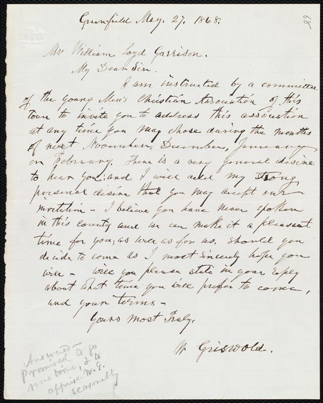 Whiting Griswold Letter from Whiting Griswold Greenfield Mass to William Lloyd