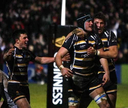 Will Bowley Worcester lock Will Bowley is congratulated after scoring a late try