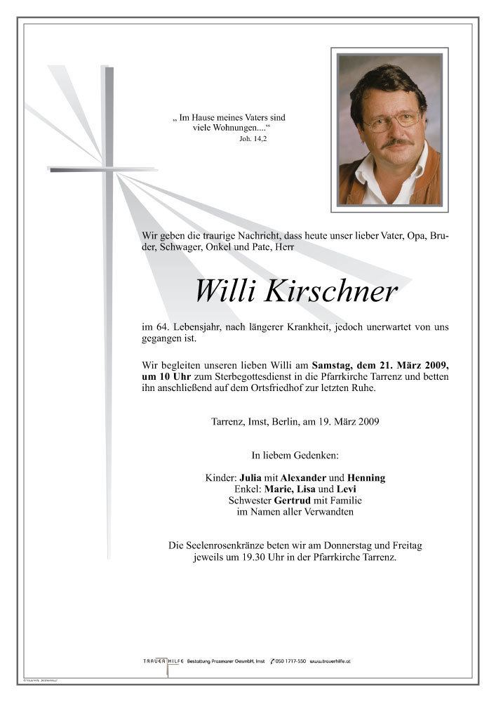 Willi Kirschner Verstorbener Herr Willi Kirschner Trauerhilfe Bestattungs GesmbH