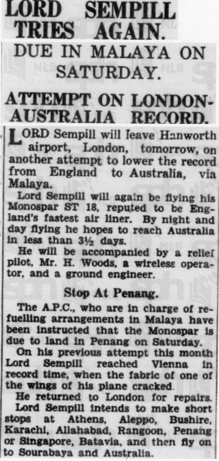 William Forbes-Sempill, 19th Lord Sempill LORD SEMPILL FAMOUS AVIATOR with FLIGHTS TO and WITHIN AUSTRALIA