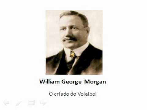 Portrait of William G. Morgan with a caption at the bottom part, o criado do Voleibol while wearing a coat, long sleeves, and necktie