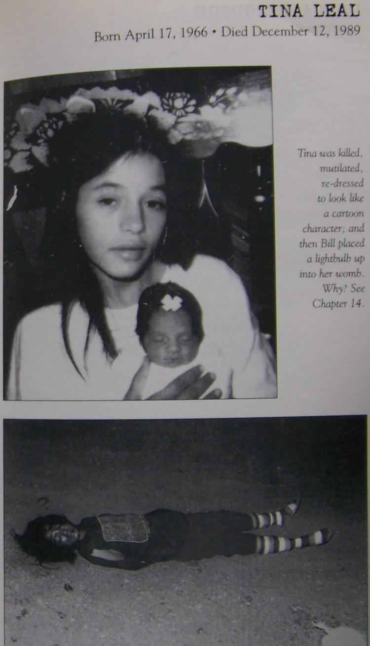 Tina Leal holding a baby, one of the murder victims of William Suff. At the bottom, dead body of Tina Leal.