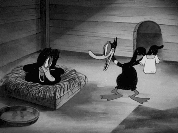 Wise Quacks movie scenes Daffy Duck walks into the scene and his wife hides the shirt and Daffy is already very suspicious of what she is hiding She blushes and doesn t want to 
