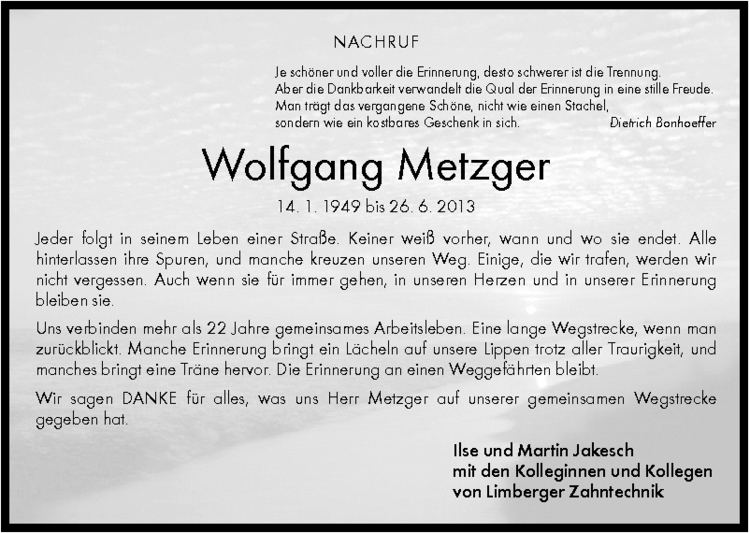 Wolfgang Metzger Wolfgang Metzger Trauer Traueranzeigen Nachrufe badische