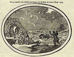 18th-century drawing depicting Wolraad Woltemade's rescue of 14 sailors