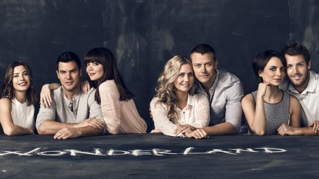 Brooke Satchwell, Ben Mingay, Emma Lung, Anna Bamford, Michael Dorman, Jessica Tovey, and Tim Ross in Wonderland, an Australian television romantic comedy-drama series.