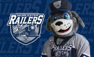 Worcester Railers HC Seen Worcester Railers HC debut mascot at Worcester Bravehearts