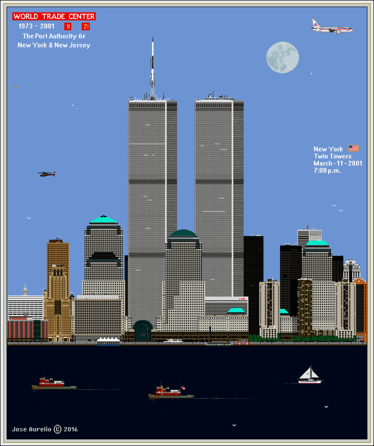 A digital sketch of the Twin Towers at the World Trade Center (1973–2001).