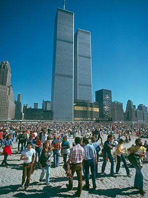 Millions of people flocking below the Twin Towers in the World Trade Center.