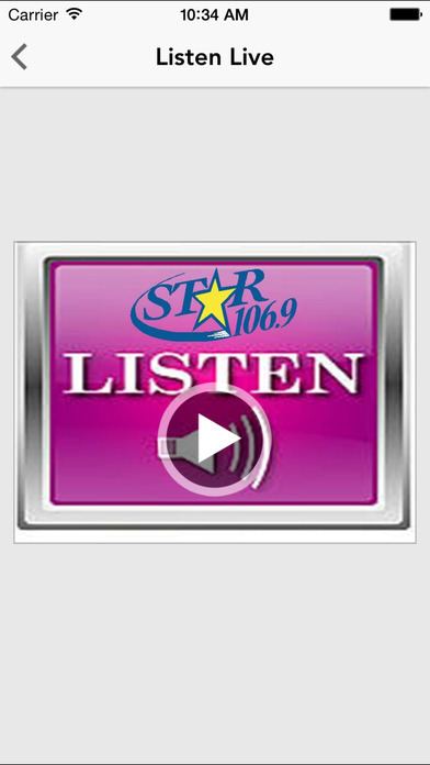 A cellphone screen showing the WXXC application and its logo  "Star 106.9" in a pink background and playing live