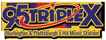WXXX's logo with a yellow, blue, and red text color- "95 Triple X" and under it is the "Burlington & Plattsburgh's Hit Music station"