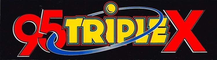 WXXX's logo with a yellow, blue, and red text color- "95 Triple X" with a black background