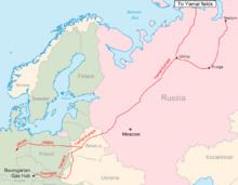 A map showing the location of Yamal–Europe Natural Gas Pipeline.