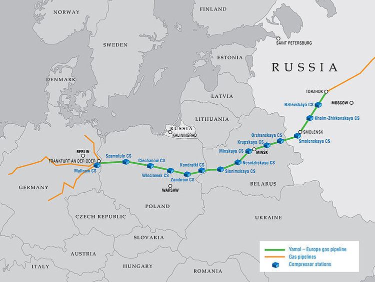A map showing the Yamal–Europe Natural Gas Pipeline, a 4,107 kilometers long pipeline connecting Russian natural gas fields in the Yamal Peninsula and Western Siberia with Poland and Germany through Belarus.