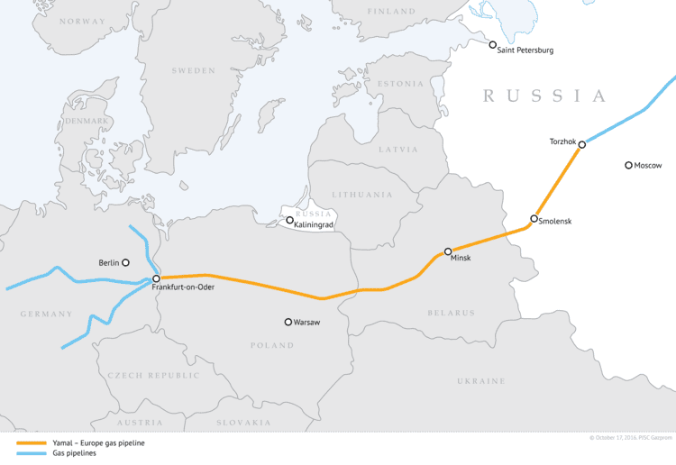 A map showing the Yamal–Europe Natural Gas Pipeline.