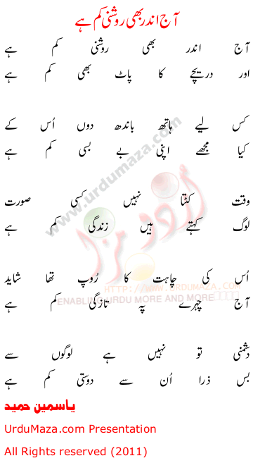 Yasmeen Hameed Urdu Ghazalpoem Aaj andar bhi roshni kam hai by Yasmeen Hameed