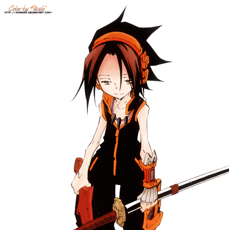 Yoh Asakura holding a sword while wearing a black and orange jumpsuit, necklace, and orange headset