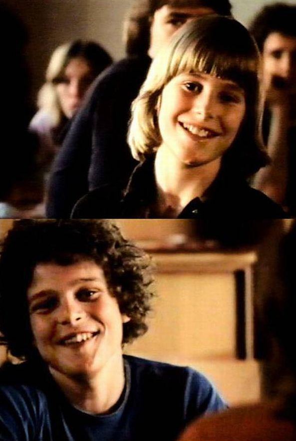 Peter Bjerg as Kim  and Anders Ageso as Bo smiling while in class in the 1978 film "You Are Not Alone"