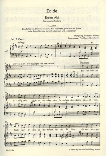 Zaide Sheet music for choral music for voice Wolfgang Amadeus Mozart