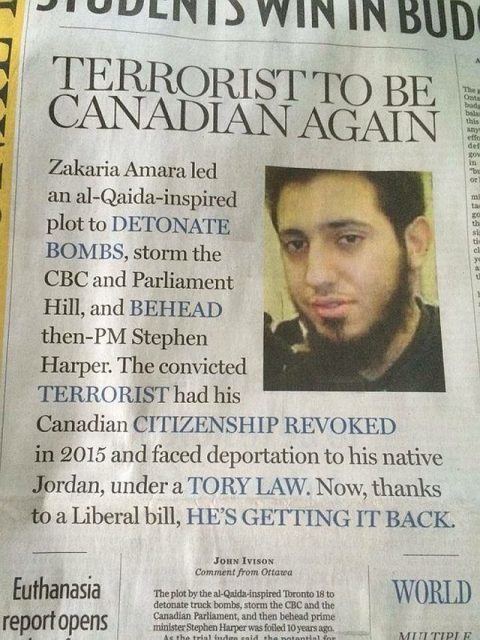 Zakaria Amara Trudeau rewards a terrorist with citizenship Never Again Canada