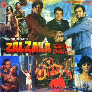 Poster of "Zalzala", a 1988 Bollywood action-adventure film starring Dharmendra, Shatrughan Sinha, Rati Agnihotri, Kimi Katkar, Rajiv Kapoor, Danny Denzongpa, and Anita Raj in lead roles.