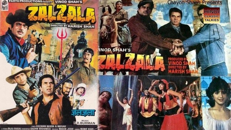 Poster of "Zalzala", a 1988 Bollywood action-adventure film starring Dharmendra as Inspector Shiv Kumar, Shatrughan Sinha as 'Benaam' Shankar, Rati Agnihotri as Radha, Kimi Katkar as Reshma, Rajiv Kapoor as Bholey, Danny Denzongpa as Sona Singh, and Anita Raj as Sheela in lead roles.