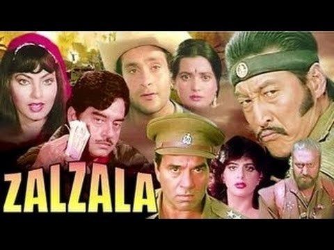 Poster of "Zalzala" film starring Dharmendra, Shatrughan Sinha, Rati Agnihotri, Kimi Katkar, Rajiv Kapoor, Danny Denzongpa, and Anita Raj.