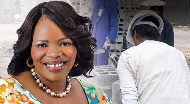 On the left, Zanele kaMagwaza-Msibi with a smiling face, curly hair, wearing a pearl necklace and floral dress. On the right, a lady wearing a white jacket and hard hat in a construction site.