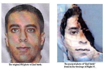 On the left, Ziad Jarrah FBI photo while, on the right, Ziad Jarrah's passport photo found in the wreckage of Flight 93
