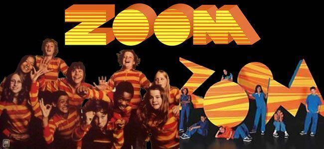 On the left, Donna Moore, Shawn Reedmore, Leon Mobley, Joe Shrand, Danny McGrath, Hector Dorta, Kenny Pires, Mike Dean, Maura Mullaney, and Edith Mooers (from left to right), the casts of Zoom, an American live-action children's television series.On the right, casts of Zoom, an American live-action children's television series wearing blue and red outfits.